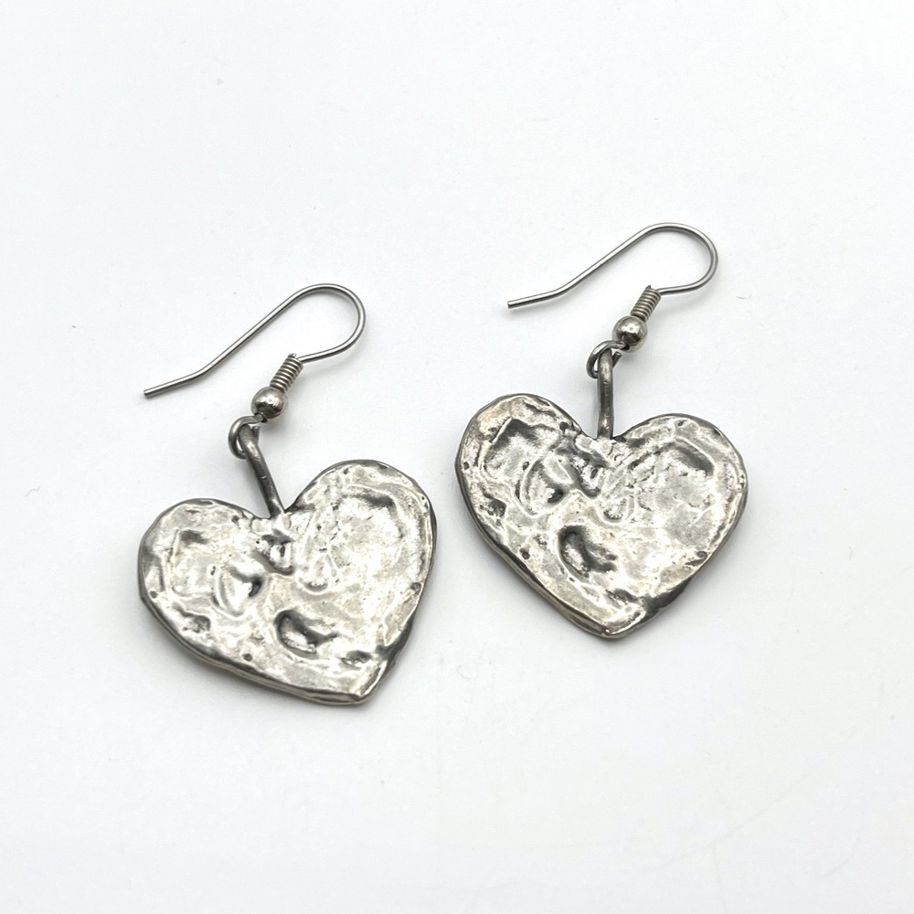 Artisan Hammered Silver Tone‎ Molten Heart Drop Earrings French Wire Rustic